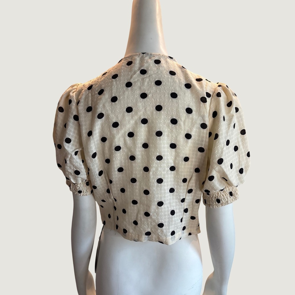 Retro Stage Cream Black Polka Dot Wrap Top Short Puff Sleeve Blouse Large NWT - Picture 4 of 8